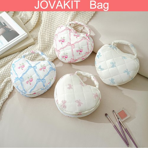 JOVAKIT Quilted Heart Shaped Makeup Bag Cosmetic Bag for Women with Handle, Floral Coquette Cotton Travel Makeup Case Toiletry Zipper Make Up Pouch, Travel Storage Organizer Stuff (Pink Bowknot)