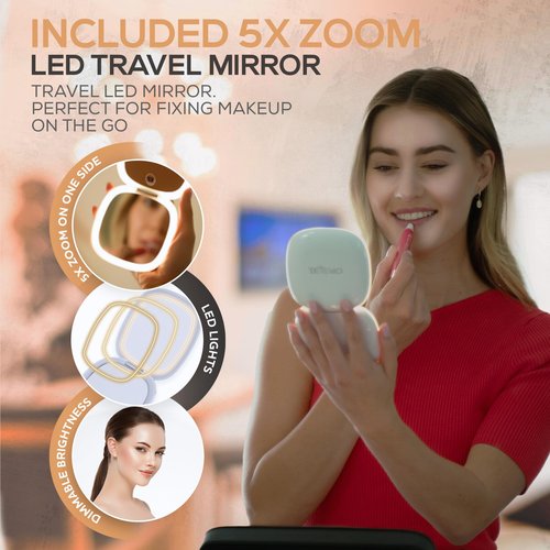 OPULUXE Makeup Bag Detachable LED Mirror With Stand 3 Adjustable Brightness 5x Zoom LED Travel Mirror Portable Cosmetics Case Brush Holder Organizer Adjustable Dividers Faux Leather Waterproof Gift