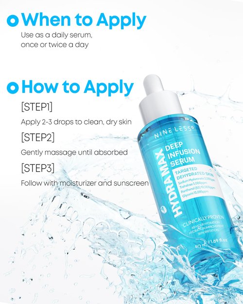 NINELESS HYDRA-MAX Deep Infusion Serum –48hr Korean Hydrating Face Serum with Hyaluronic Acid, Panthenol - 5 Ceramides -Deep Moisture, Fast Absorbing, All Skin Types, 1.69 fl.oz.