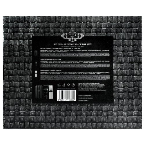 Cuba Prestige Black by Cuba for Men - 3 Pc Gift Set 3oz EDT Spray, 6.6oz Shower Gel, 3.3oz After Shave