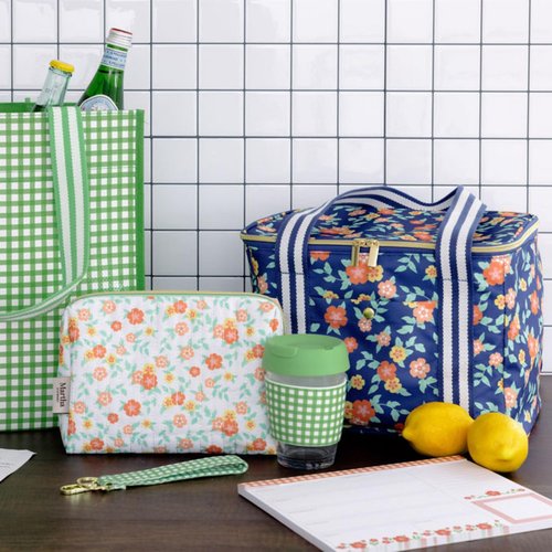 Martha Stewart Quilted Makeup Bag, Compact Cosmetic Organizer for Women, Small Zipper Pouch with PVC Lining, 8.75" x 4" x 6" (Floral Cloud Dancer)