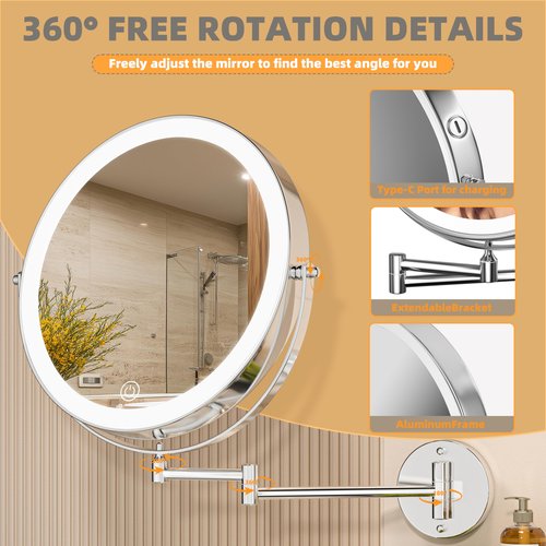 Batuso 8.5" Wall Mounted Makeup Mirror with Light, 2000mAh Rechargeable Double Sided 1X / 10X Magnifying Vanity Mirror, 3 Color Lights Touch Dimmable 360° Rotation Bathroom Mirror, Chrome
