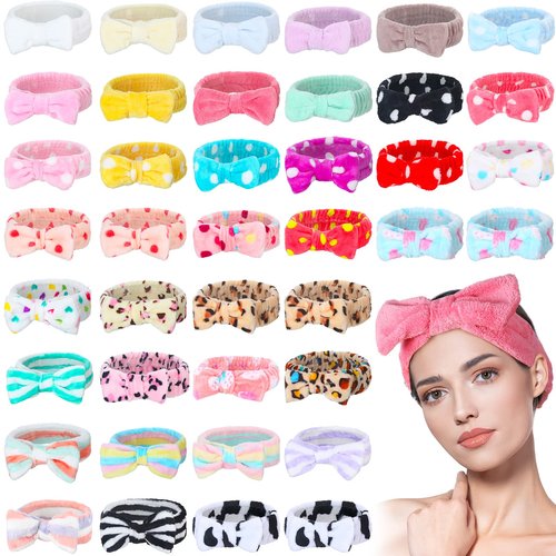 Yinder 40 Pack Bow Spa Headband Coral Fleece Makeup Soft Face Wash Headband Cosmetic Skin Care Facial Head Wraps Cute Bow Head Bands for Women Girls Shower Supplies