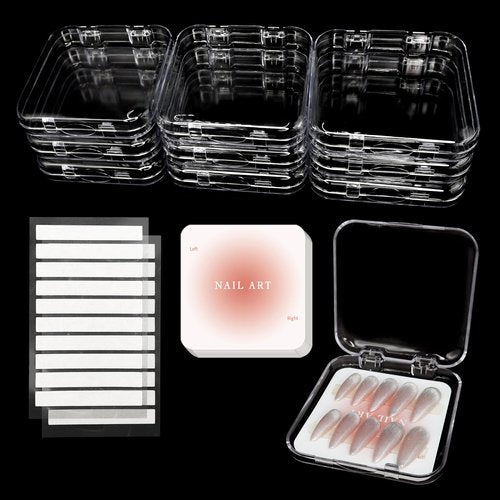 Qsnidy 9 Pcs Press On Nail Storage Box, Transparent Acrylic Fake Nail Case with 9 Display Cards and 2 Sheets of Double-Sided Adhesive Tape (20 Strips) for Nail Art Home Salon Packaging Use