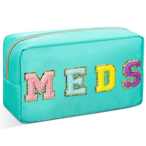 Geetery Chenille Letter Bag Nylon Makeup Bag Portable Bag Makeup Cases Preppy Patch Makeup Bag with Zipper Cosmetic Toiletry Storage Bag for Women(Green,Hidden MEDS)