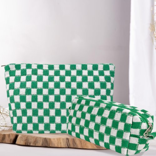 Makeup Bags Checkered Cosmetic Bag- 2PCS Travel Toiletry Bag Aesthetic Portable Accessories Pouch Preppy Pencil Checkered Pencil Pouch Case Cute Brushes Storage Bag for Women -Green