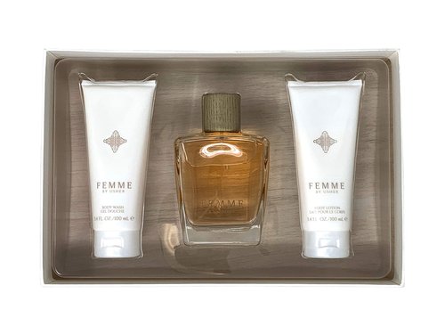 Usher Femme Gift Set for Women - Eau De Parfum Spray (3.4 Oz) + Body Lotion + Shower Gel