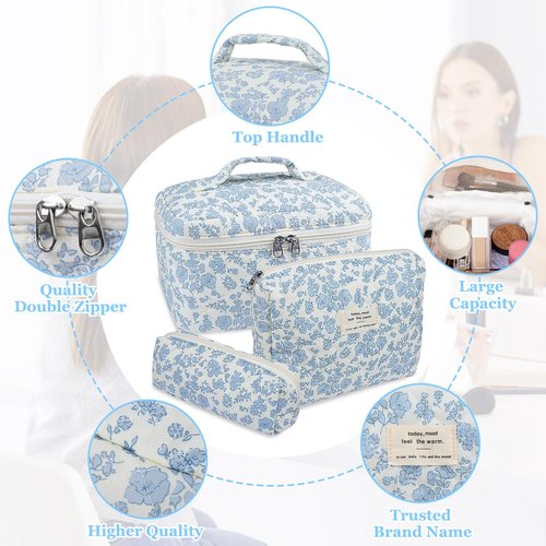 Gosect 3pc Makeup Bag Set, Quilted Makeup Bag Set, Large Floral Cosmetic Bag for Women, Cute Cotton Makeup Bags, Flower Travel Toiletry Organizer Bag (Checkered)