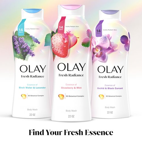 Olay Body Wash for Women, Fresh Radiance, Refreshing & Renewing, Made with Plant Based Cleansers, B3 Botanical Complex, For All Skin Types, Strawberry & Mint Scent, 3.0 fl oz (Pack of 24)