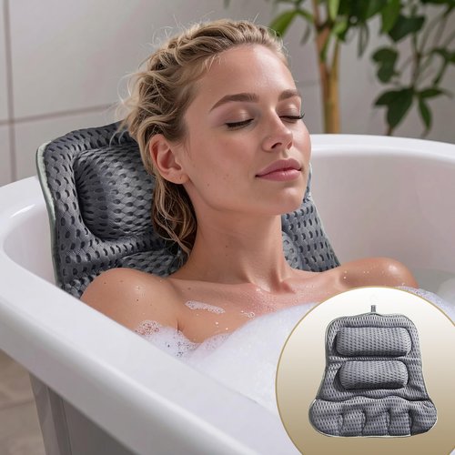 Suvast Luxury Bath Pillow for Tub, Dual Headrest & Back Support, 4D Air Mesh Quick-Dry Cushion, 10 Strong Suction Cups, Extra-Large Spa Bathtub Pillow Gift for Women(Grey)
