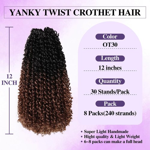 Yanky Twist Crochet Hair for black women 12 Inch 8 Packs 30 Stands/Pc,Pre-looped Fluffy Spring Mini Twist Passion Twist Black Ombre Brown Synthetic Crochet Braids Braiding Hair(12 Inch, OT30-8P)
