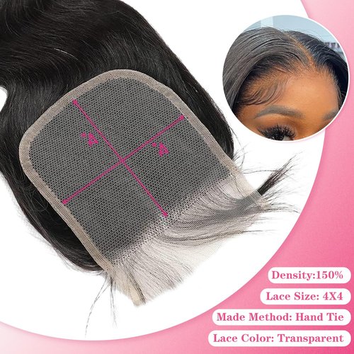 4x4 Lace Closure Human Hair Body Wave HD Lace Closure 20 Inch Free Part 100% Brazilian Virgin Human Hair Extensions 150% Density Pre Plucked Natural Black Color