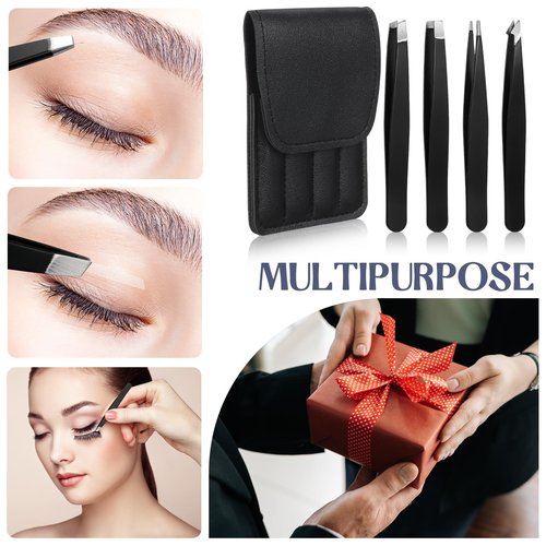 Lasnten 12 Sets Eyebrow Tweezers Set and Curved Scissors, 4 in 1 Professional Stainless Steel Tweezers for Women and Men, Splinter and Ingrown Hair Removal with Travel Case(Black)