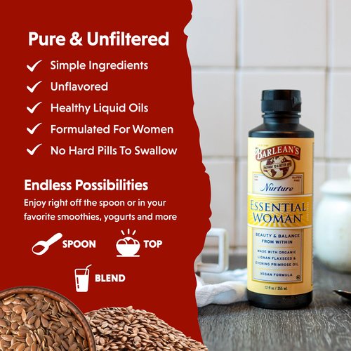 Barlean's Essential Woman Liquid Supplement for Women, Organic Flaxseed and Evening Primrose Oil for Healthy Hair, Nails and Skin, Omega 3 6 9 and GLA, 12 oz