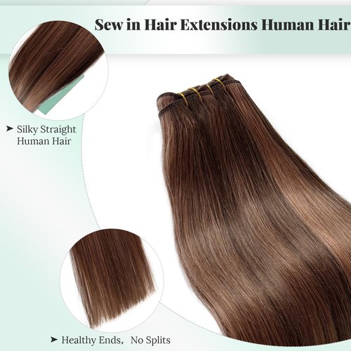 Weft Hair Extensions Medium Brown with Auburn Human Hair Sew in Extensions 14 Inch 80G Thick Ends Double Weft Brown Balayage Hair Extensions Real Human Hair Sew in Hand Tied Real Hair Wefts