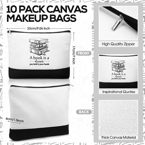 Paterr 20 Pcs Book Lover Gifts for Women Inspirational Canvas Makeup Bag with Zipper and Mini Compact Mirrors Thank You Gift for Book Club Reading Student Teacher Librarian Writer