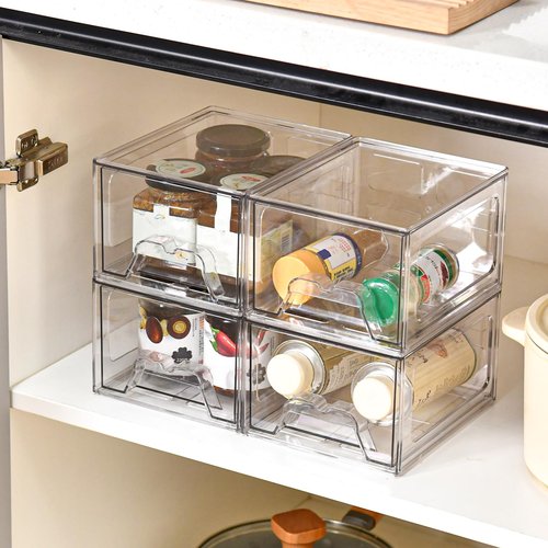 KOKOIN Stackable Makeup Organizer Storage Drawers Set of 4, Clear Plastic Organizer Bins for Beauty Supplies,Ideal for Vanity, Bathroom,Cabinet,Pantry Organization (4 Short)