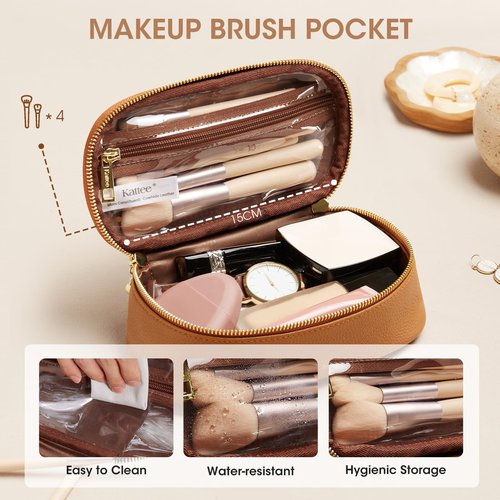 Kattee Makeup Bag for Women, Leather Cosmetic Bag, Working Makeup Bags for Ladies with Handles, Portable Travel Toiletry Bag, Brown