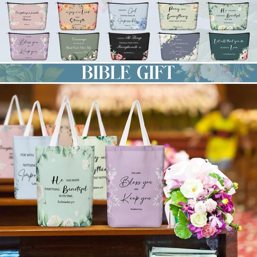 Locmeo 20 Pcs Christian Gift Women Mother's Day Including 10 Bible Verse Tote Bags 10 Christian Makeup Bags Inspirational Religious Scripture Gifts for Church Xmas Valentines(Elegant)