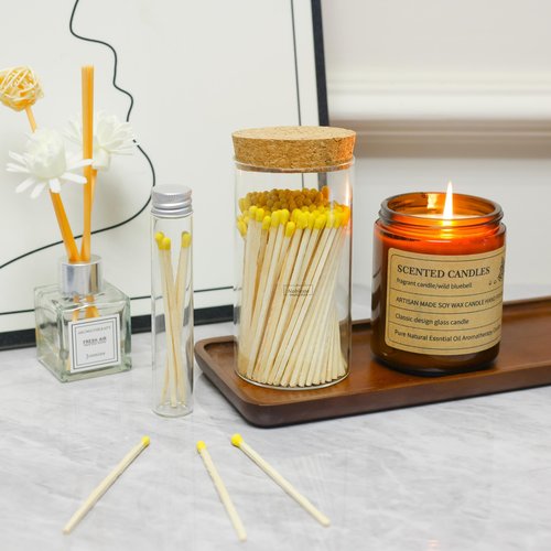Meya Luxury Colored Safety Matches | 4-Inch Long Matches in Glass Jar | Perfect for Lighting Candles | 150 PIECES | 10 CANDLES AND EXTRA EMPTY JAR GIFT (yellow)