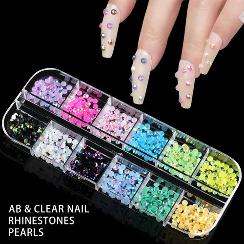 Nail Charms and Gems, Tucepu Nail Rhinestones Kit with 6 Boxes of Nail Gems, Colorful Clear Flatback Rhinestones 3D Charms for Nails， 3 Jewelry Glue