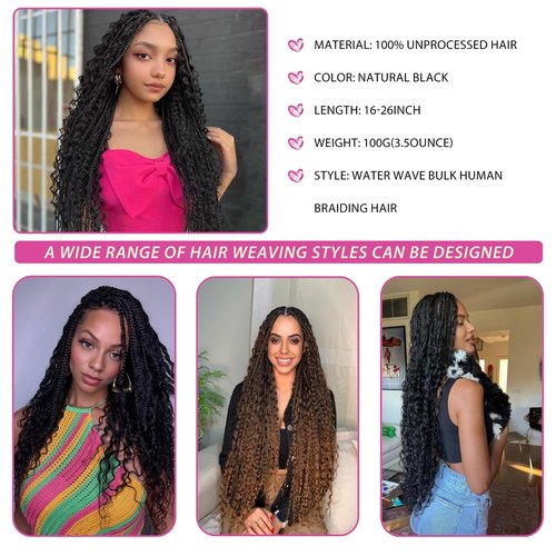 Human Braiding Hair for Boho Braids, 20 Inch 100g 2 Bundles Water Wave Bulk Human Boho Hair for Braiding 12A Virgin Curly for Knotless Braids Human Hair Bundles Natural Color