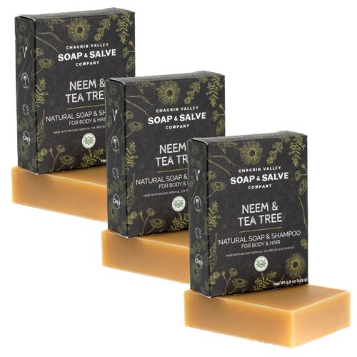 Chagrin Valley Soap & Salve Neem & Tea Tree Organic Soap & Shampoo Bar – Soothe Dry, Itchy, Irritated Skin - Sulfate Free - For Body & Hair Vegan Shampoo Natural, Large 5.6 oz Bar - 3PK