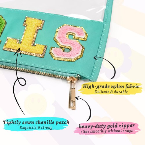 BAGMIND Preppy Patch Stuff Bag for Travel, 2 PCS Chenille Letter Clear Sunscreen Bag, PU Waterproof Beach Snack Makeup Cosmetic Bag Pouch, Gift for Women Girls