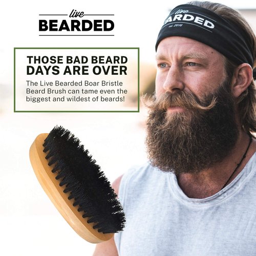 Live Bearded Premium All-Natural Boar Bristle Beard Brush - Real Wooden Handle - Supports Growth, Style Control and Oil Production - Tames Big, Wild Facial Hair - Easily Daily Grooming