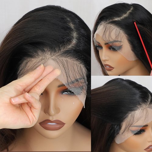 SISgrace Natural Black Ombre Brown 13×6 HD Lace Front Wigs Synthetic Glueless Pre Layered Body Wave Wigs for Women Pre Plucked 18 Inch Tiny Knots Lace Natural Hairline Bob Wigs