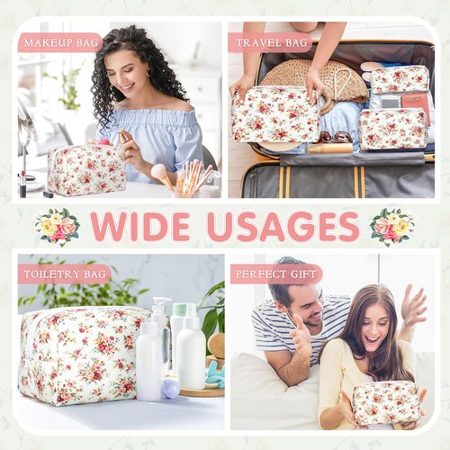 Aintmax 3 PCS Quilted Makeup Bag,Cute Floral Cotton Coquette Cosmetic Bag,Large Travel Toiletry Bag Makeup Brushes Storage Organizer for Women-Red Rose