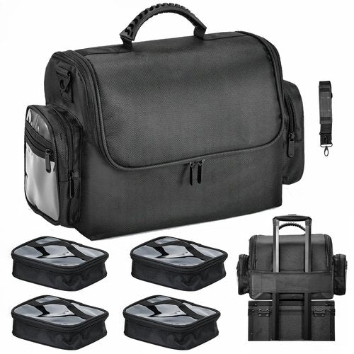 Adazzo Professional Makeup Bag with Brush Holder, Large Makeup Case with with Shoulder Strap & 4 Clear Set Bags, Travel Cosmetic Storage Organizer Box with 2 Side Pockets & Dividers for Makeup Artists