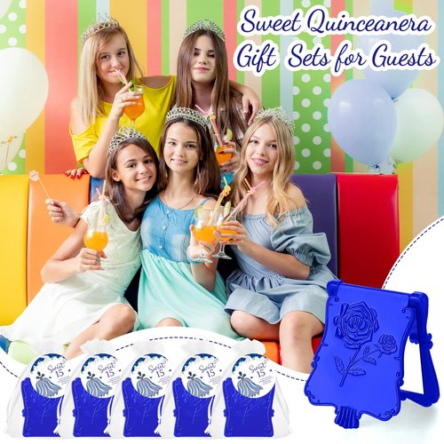 Wenqik 25 Set Quinceanera Party Favors for Guests Include Rose Compact Mirror Quinceanera Card and Organza Bag Mis Xv Años Sweet 15th Birthday Party Favors (Blue)