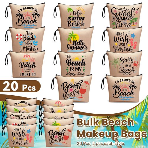 Bulyoou 20 Pcs Bulk Beach Makeup Bags - Summer Beach Accessories Toiletry Cosmetic Pouch Zipper Bags, Cruise Travel Essentials Survival Kit Gifts Party Favors for Women Teens Clients Friends