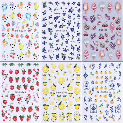 6 Sheets Fruit Nail Art Stickers Decals 3D Self-Adhesive Embossed Nail Stickers Lemon Strawberry Blueberry Banana Grape Orange Nail Decals Supplies for Women DIY Summer Manicure Decorations