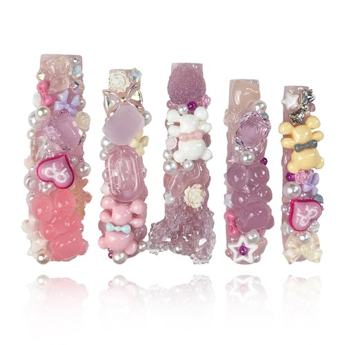 GGddsha 2025 Kawaii Bear Dream Tracks Reusable Handmade PMMA Acrylic Press on Nails w/Box Gifts for Women (Sweet Gummies, M)