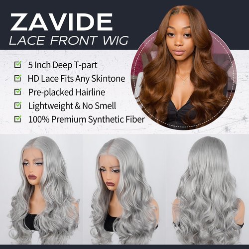 Grey Body Wave Lace Front Wig Synthetic Platinum Silver Middle Part Transparent Lace Long Curly Wig For Women