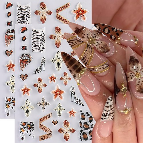 2 Sheets Fall Winter Brown Leopard Flower Nail Art Sticker 5D Self-Adhesive Hibiscus Flower Nail Decals Leopard Print Pattern Nail Design Leopard French Heart Nail Supplies for Women Manicure Decor