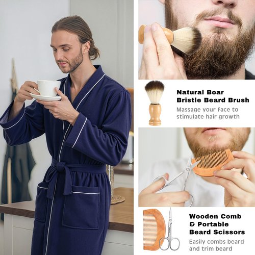 Shyyween 10 Pcs Birthday Gifts Baskets for Men Get Well Soon Gifts Beard Care Set for Him with Bathrobe, Wallet, Makeup Bag, Belt, Bracelet, Beard Comb & Brush Set for Dad Boyfriend Husband(Blue)