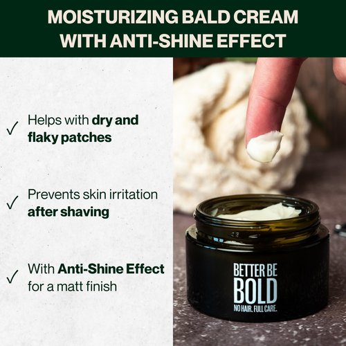 BETTER BE BOLD Nourishing bald cream (0-3 mm) with matte effect. Absorbs quickly. Fresh fragrance. Soothing skin after shaving thanks to magnolia extract. Natural and vegan. Made in Germany