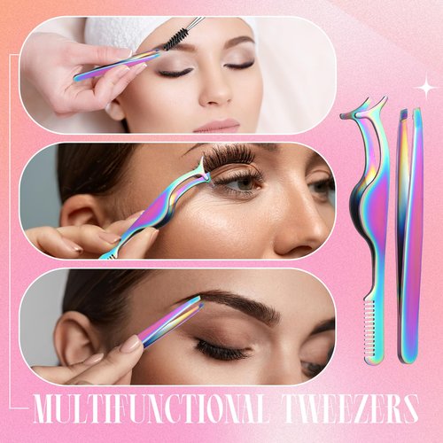 Baderke 5 Pcs Lash Applicator Tool Set Lash Tweezers for DIY Individual Lash Clusters Application and Removal Straight and Curved Eyelash Extension Tweezers with Storage Box and Eyebrush(Colorful)