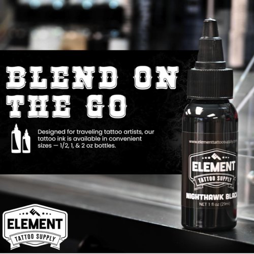 Element Tattoo Supply Nighthawk Black Tattoo Ink 2 oz Bottle Professional Tatto Ink Super Dark Formula for Lining Shading Mixing and Consistent Color On Human Skin