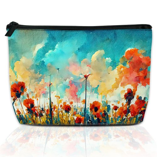 DEMACYA Colorful Red Poppy Flowers Makeup Bag for Purse, Waterproof Funny Watercolor Cosmetic Bag for Women, Zipper Travel Toiletry Pouch Gift 9.5×5.9 Inch