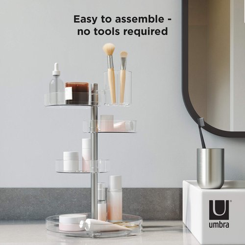 Umbra Pirouette Cosmetic Organizer, Large Capacity Makeup Storage with Adjustable Compartments, Clear/Nickel