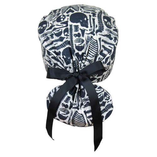 CALOMED Scrub Cap for Women and Men, Ponytail Scrub Caps, Working Hat, Head Cover with Ribbon Ties and Buttons, Long Hair (Vintage Skeleton)