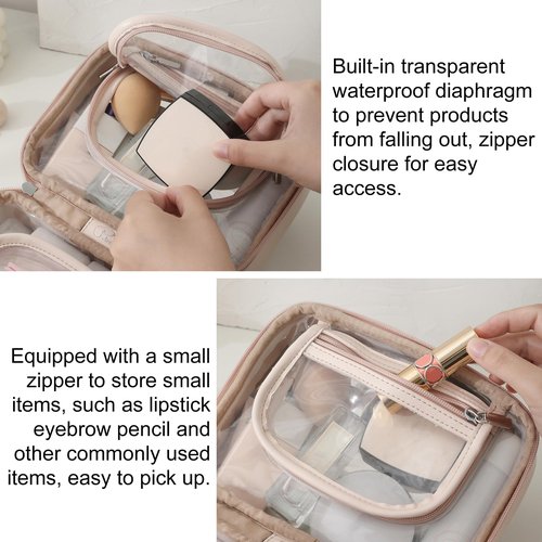 Veki TSA Approved Toiletry Bag Transparent Makeup Bag Double Travel Cosmetic bags Case Waterproof Toiletries Bag Medium Capacity Open Storage bag Organizer for Women and Girls (Medium Pink)