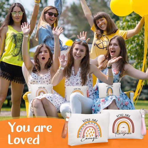 Fumete 60 Pcs Employee Appreciation Gifts Bulk 30 Inspirational Rainbow Canvas Makeup Bag 30 Motivational Keychains Cosmetic Bag Thank You Gifts for Vet Tech Week Nurse Assistant Volunteer Coworker