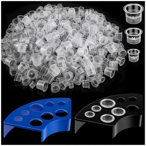 Tattoo Ink Caps Kit, 500 PCS SML Mixed Size Tattoo Ink Cups with 2 Ink Cap Holders, Disposable Plastic Pigment Caps for Tattooing Set Tatoo Supplies Accessories