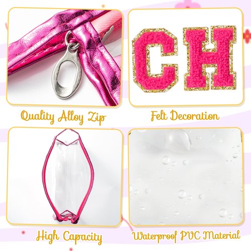 Y1tvei CHEER Clear Makeup Bag - Preppy Rose Red Cheer Chenille Patch Cosmetic Pouch Extra Large PVC Transparent Toiletry Carry Bag Portable Waterproof Travel Organizer Cheer Gift for Cheerleader
