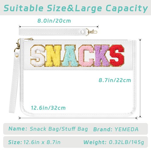 YEMEDA Clear Zipper Pouch PVC Waterproof Nylon Makeup Letter Bag for Women Girls Chenille Letter, for Travel, Cosmetic Bag, Snack Bags, Clear Stuff Bags, For Travel,（White-Snacks）